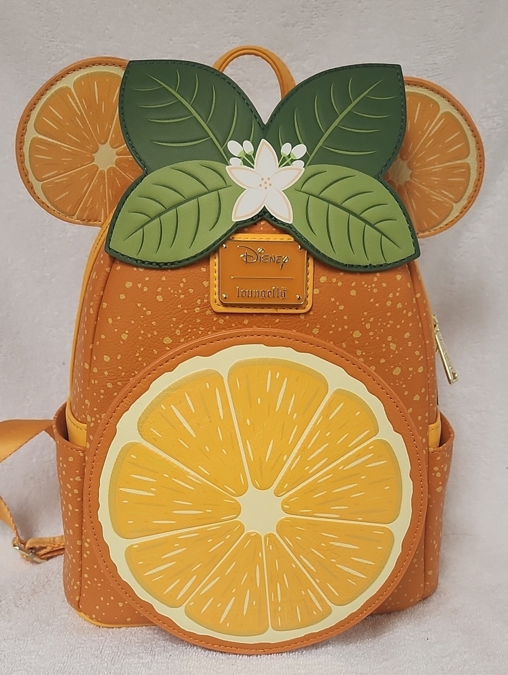 Loungefly Minnie Mouse Orange Citrus Mini Backpack with Green Leaf Bow Appliqué